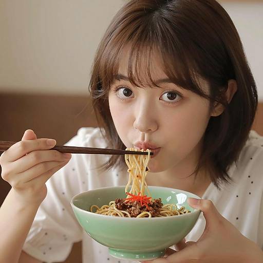 Asian woman eating noodles with chopsticks