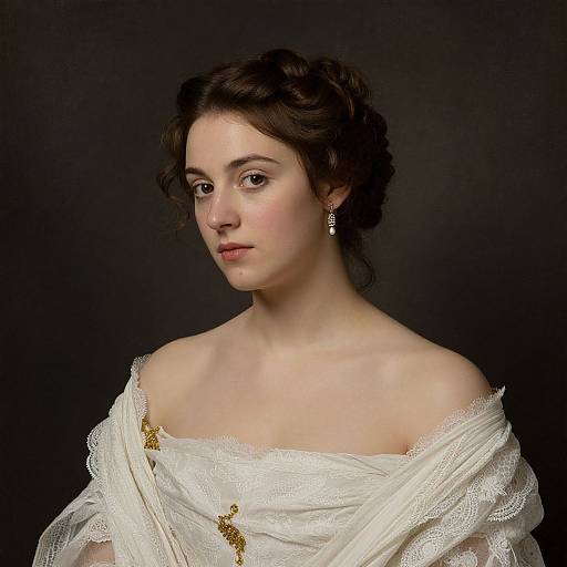 Photograph-style portrait of a young woman with fair skin, dark wavy hair, and delicate features, wearing an off-shoulder white lace dress