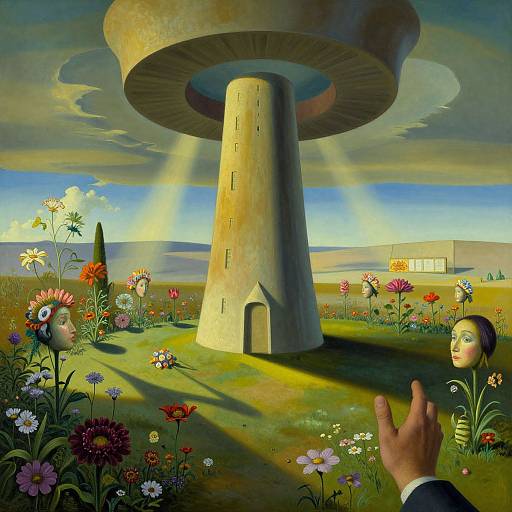 Digital surreal artwork: giant mushroom tower casts shadow over colorful flower field, faceless woman's head with dark hair, hand in foreground, sunny sky,