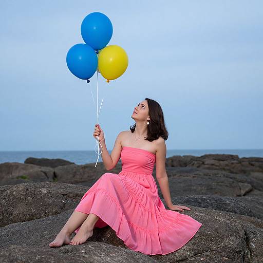 Photograph of a woman with dark hair, wearing a strapless pink dress, sitting on rocks, holding blue and yellow balloons, looking up, with