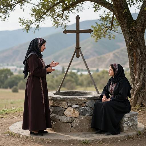 Photograph of two women in black, patterned headscarves and long dresses, standing and sitting near a stone well with a cross, under a
