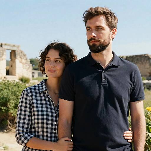 Photograph of a curly-haired woman in a black-and-white checkered shirt standing closely behind a bearded man in a navy polo shirt, with a