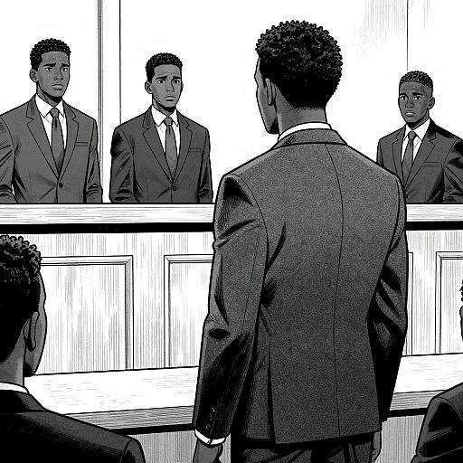 Black-and-white manga-style illustration of five Black men in suits, standing behind a wooden podium, with one man facing them.
