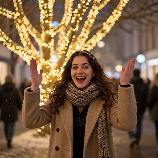 Photograph of a smiling woman with curly brown hair, wearing a beige coat and patterned scarf, waving hands in front of a glowing, tree-shaped
