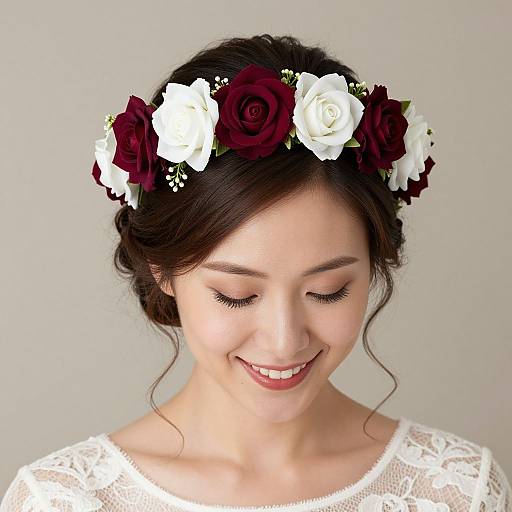 Photograph of a smiling Asian woman with fair skin, dark hair in a bun, wearing a white lace dress and a maroon and white rose crown