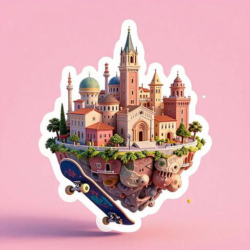 Digital illustration of a floating, vibrant, pink-tinged city with domes, towers, and palm trees, featuring a skateboard underneath.