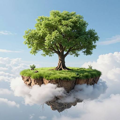 Floating island with a large, lush green tree, surrounded by white clouds and clear blue sky, with visible roots below.