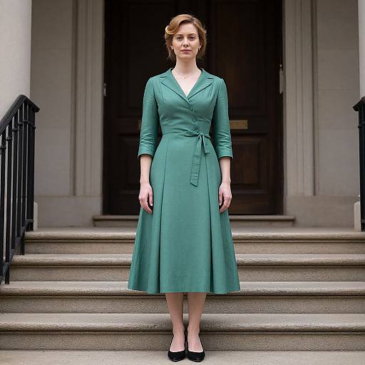 Photograph of a fair-skinned woman with brown hair in a green, mid-20th century-style dress, standing on stone steps, black shoes