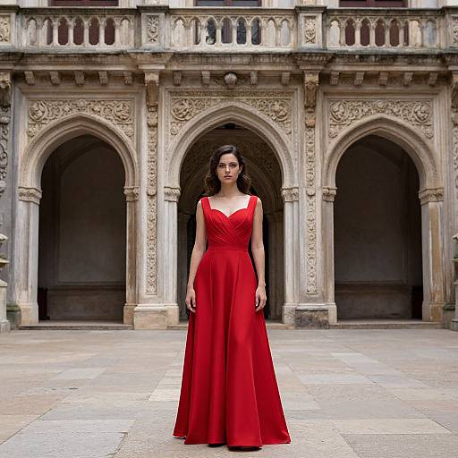Photograph of a brunette woman in a red, sleeveless, floor-length gown standing in front of an ornate, historic stone archway courtyard.