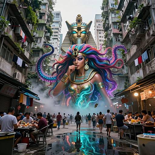 Photorealistic digital art of a vibrant, colorful goddess with flowing purple, blue, and pink hair, floating above a bustling, steamy urban street