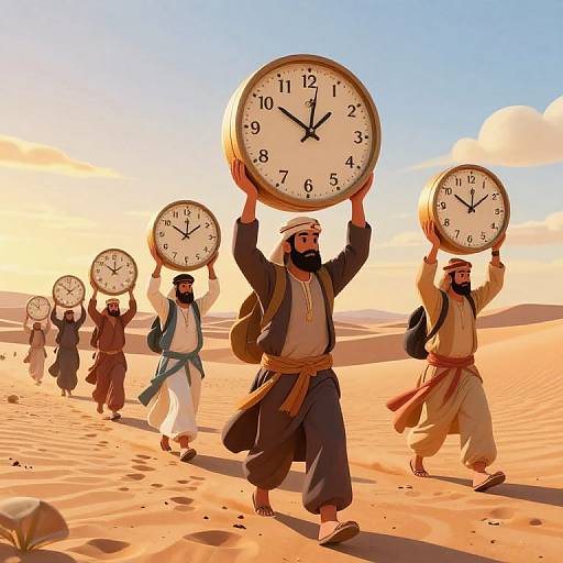 Digital illustration of six bearded men in desert attire, walking in a desert, each holding a large clock above their heads.