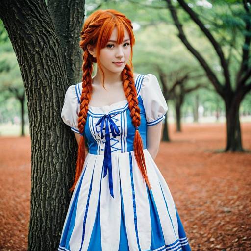Woman in Blue and White Dress with Twin Braids Outdoors
