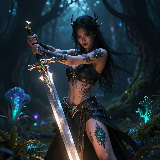 Digital fantasy artwork of a dark-haired, tattooed warrior woman in black armor, holding a glowing sword in a mystical forest.