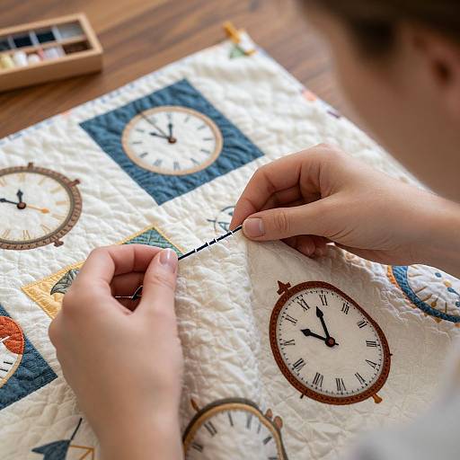 Photograph of a person sewing a quilt with four clock motifs, using a needle and thread on a wooden table.