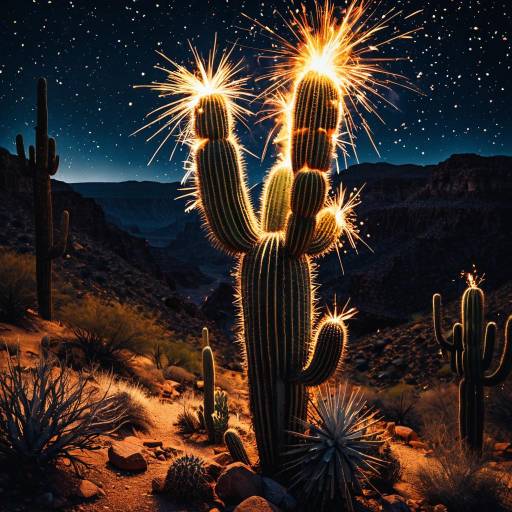 Burning Cactus with Sparks in Desert Canyon Night Burning Cactus with Sparks in Desert Canyon Night