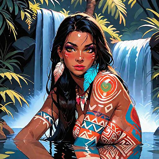 Pocahontas by the Waterfall in Tribal Garb
