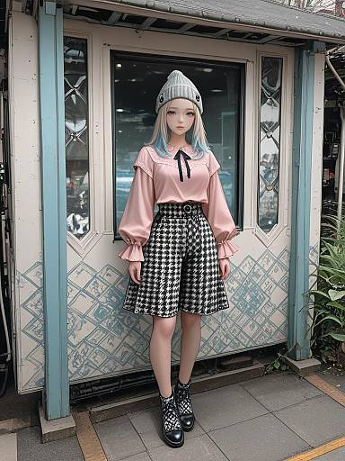 Photograph of a young woman with light blue hair, wearing a pink blouse, black and white houndstooth skirt, beanie, and black