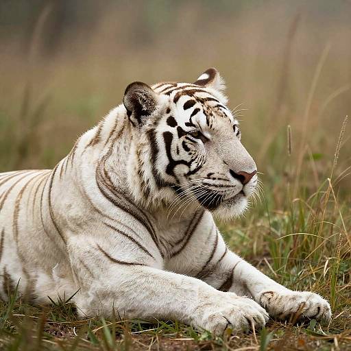 Serene White Tiger Resting in Grass