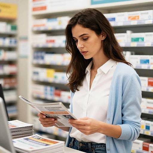 Focused Woman in Pharmacy with Magazines