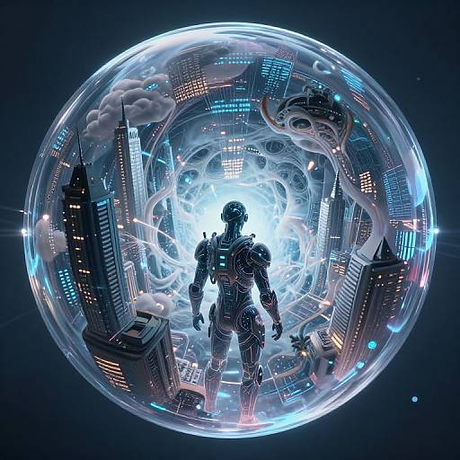 Digital art: Silhouetted futuristic astronaut in space suit stands inside glowing, transparent sphere containing a miniature, illuminated cityscape with skyscrapers and
