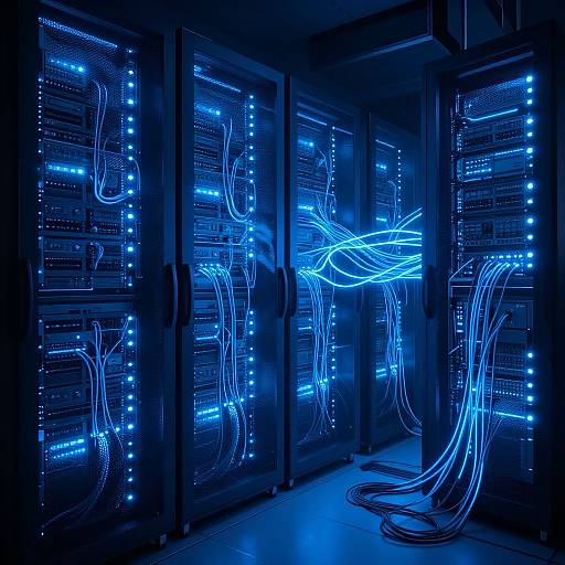 Photograph of three illuminated server racks with glowing blue LED lights and tangled network cables, creating a futuristic, tech-savvy ambiance.