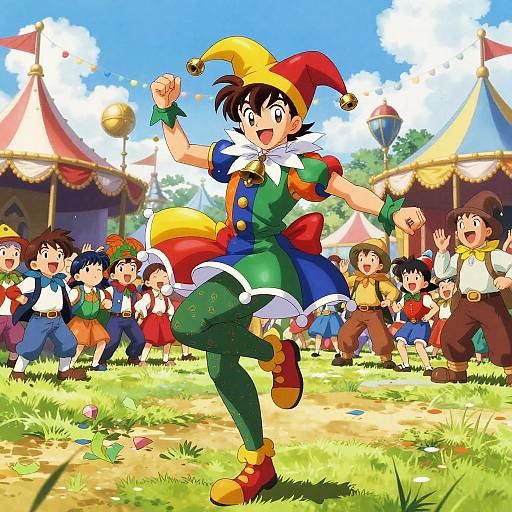 Colorful anime drawing of a joyful jester with a yellow-red hat, green outfit, and yellow shoes, dancing in a circus tent field with cheering