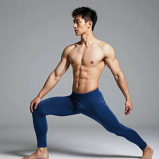 Photograph of a muscular, shirtless Asian man with short black hair, wearing blue leggings, in a wide-legged dance pose against a plain gray background