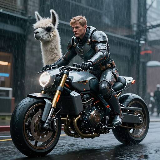 Cyberpunk Motorcycle Rider with Llama in the Rain