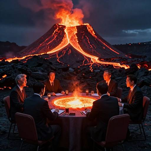 Photograph of five men in suits around a table with a glowing fire pit, facing an erupting volcano at night.