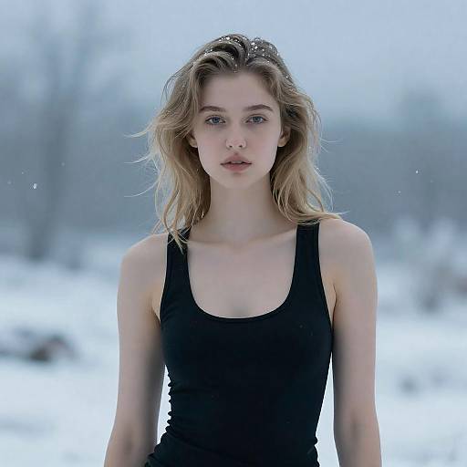 Young Blond Woman in Black Top in Snow