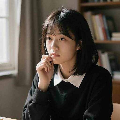 Focused Asian Woman by Sunlit Window