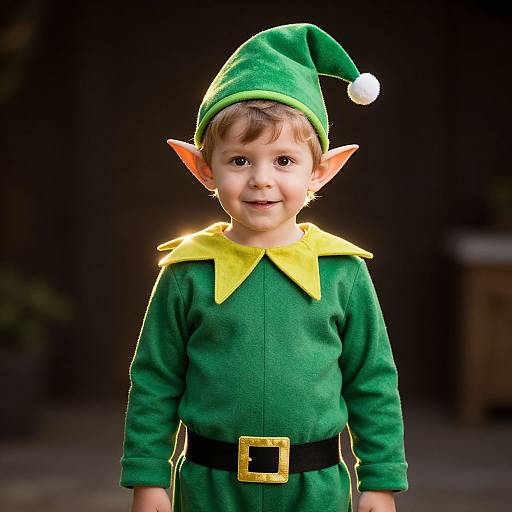 Photograph of a smiling young boy with elf costume: green outfit, yellow collar, black belt, pointy ears, green hat, white pom-p