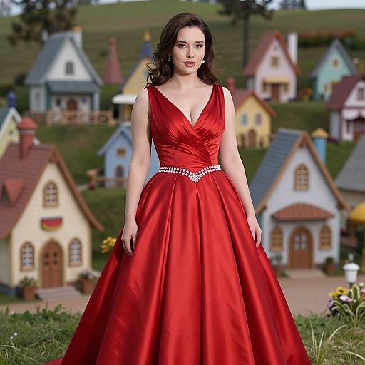 Photograph of a fair-skinned woman with dark brown hair in a deep red, sleeveless, V-neck ball gown with a sparkling belt, standing