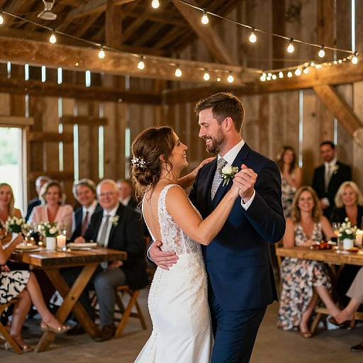 Photograph of a bearded groom in a dark suit dancing with a bride in a lace white dress in a wooden barn with string lights and seated guests