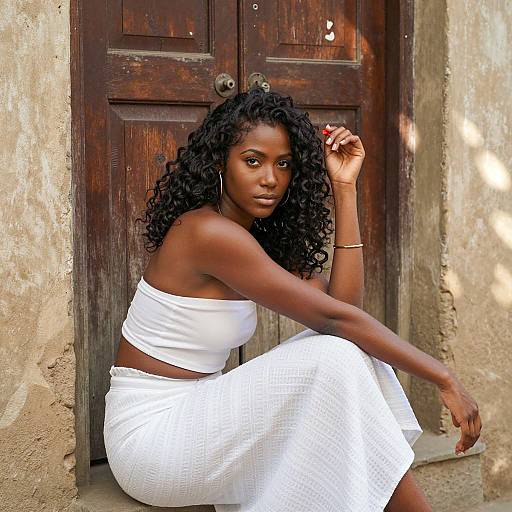 Serious Woman by a Weathered Door