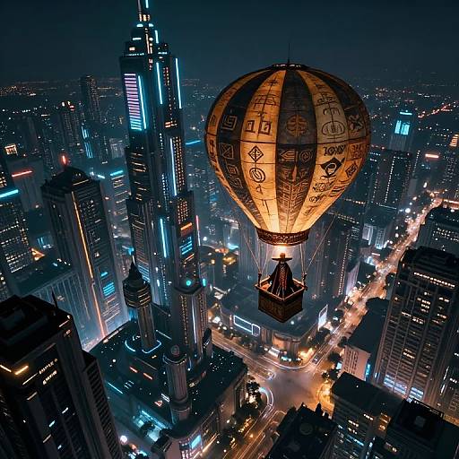 Photograph of a glowing, ornate hot air balloon over a neon-lit, futuristic cityscape with towering skyscrapers at night.
