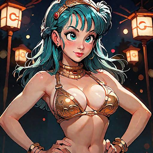 Digital anime-style drawing of a blue-haired woman with large green eyes, wearing a gold bikini and jewelry, standing confidently under glowing lanterns at night.
