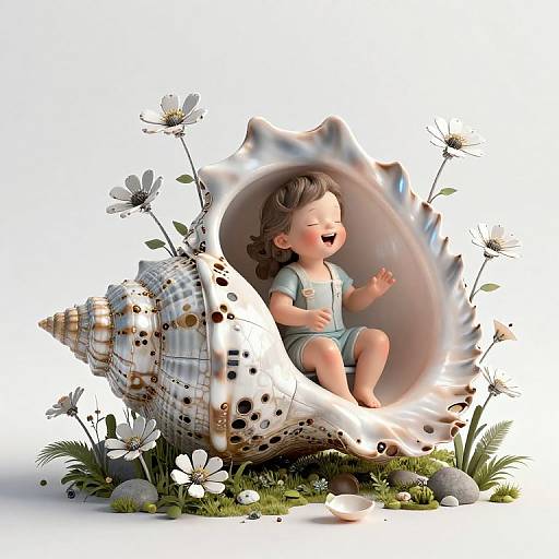 Digital illustration of a smiling baby with curly hair, wearing a teal onesie, sitting inside a large, white, spotted seashell surrounded by white