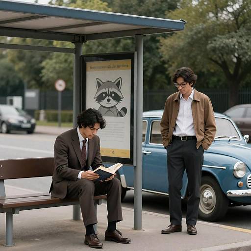 Two Men at Vintage Bus Stop