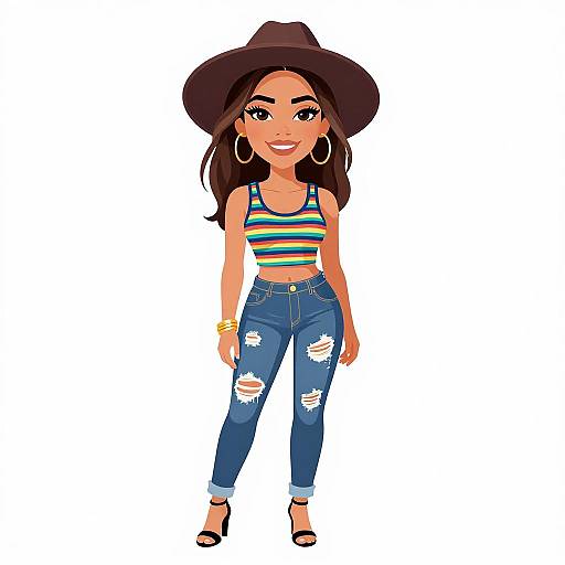 Digital illustration of a smiling woman with tan skin, long dark hair, wearing a black hat, striped crop top, ripped jeans, hoop earrings, and