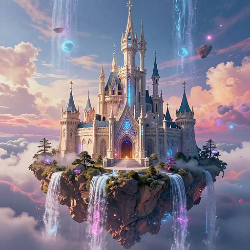 Fantasy digital artwork of a glowing, blue-lit castle with multiple spires, surrounded by waterfalls and floating islands, set against a vibrant,