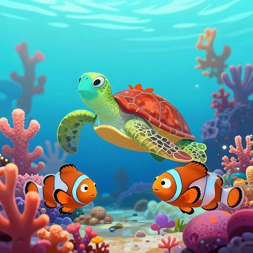 Colorful underwater photograph of a green sea turtle with red shell, two orange-and-white clownfish, and vibrant coral reef background.