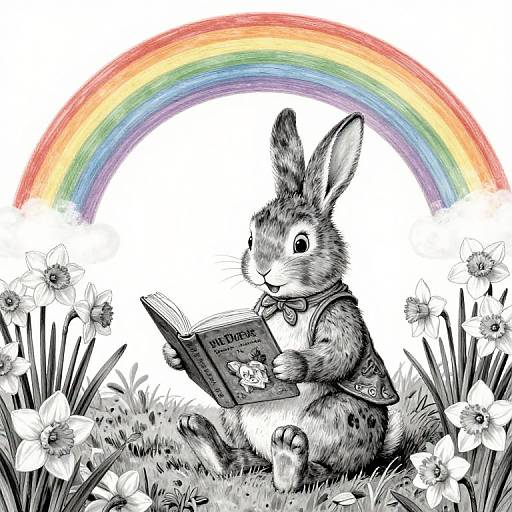 Easter Bunny Reading Under Rainbow