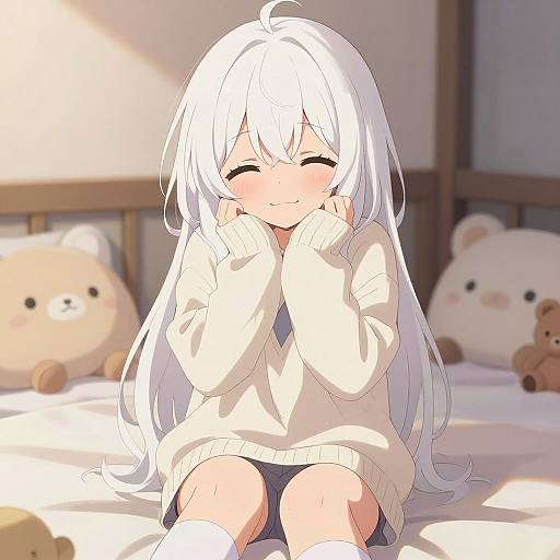 Shy White-Haired Kawaii Anime Girl