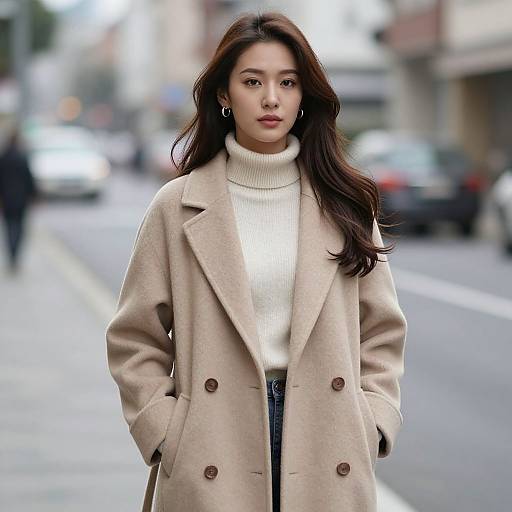 Realistic Portrait of Woman in Beige Coat