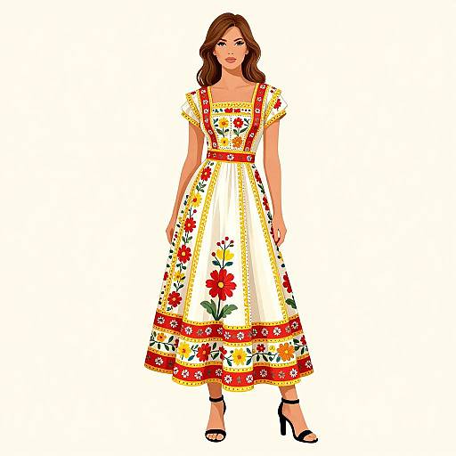 Digital illustration of a brunette woman in a white, floral, vintage-style dress with red and yellow accents, wearing black high heels.