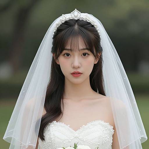 Photograph of an Asian woman with long black hair, wearing a white lace veil and strapless white wedding dress, standing in a blurred green outdoor background