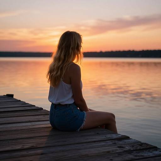 Photograph of a blonde woman in a white tank top and denim shorts, sitting on a wooden dock at sunset, facing a calm, orange-ting