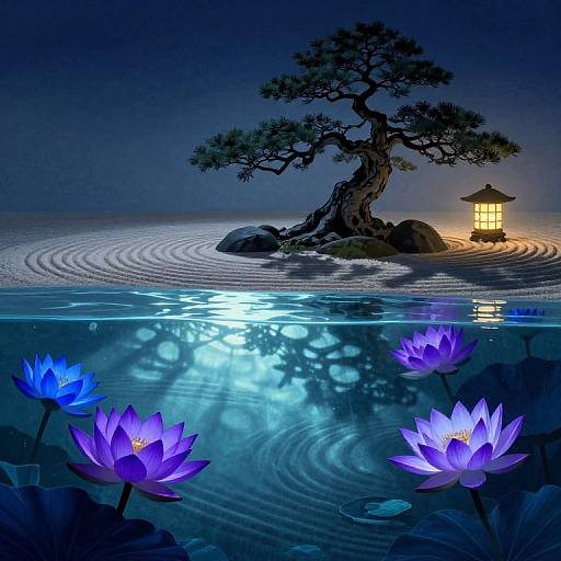 Digital art: serene night scene with glowing blue-purple lotus flowers, calm water, ripples, illuminated lantern, and a twisted pine tree on a