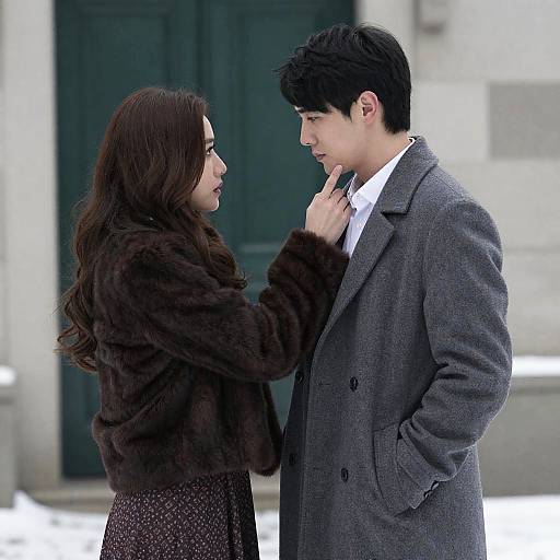 Woman Touching Man's Face Outdoors in Winter